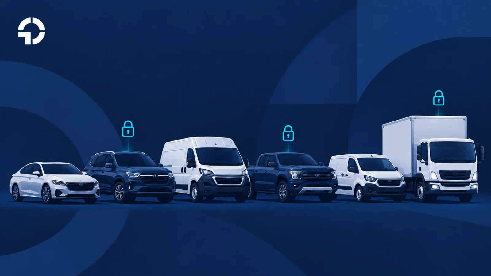Uma fileira de carros e caminhões estacionados lado a lado. Alguns veículos têm um pequeno cadeado ciano, representando os que estão dados em garantia, e outros não.